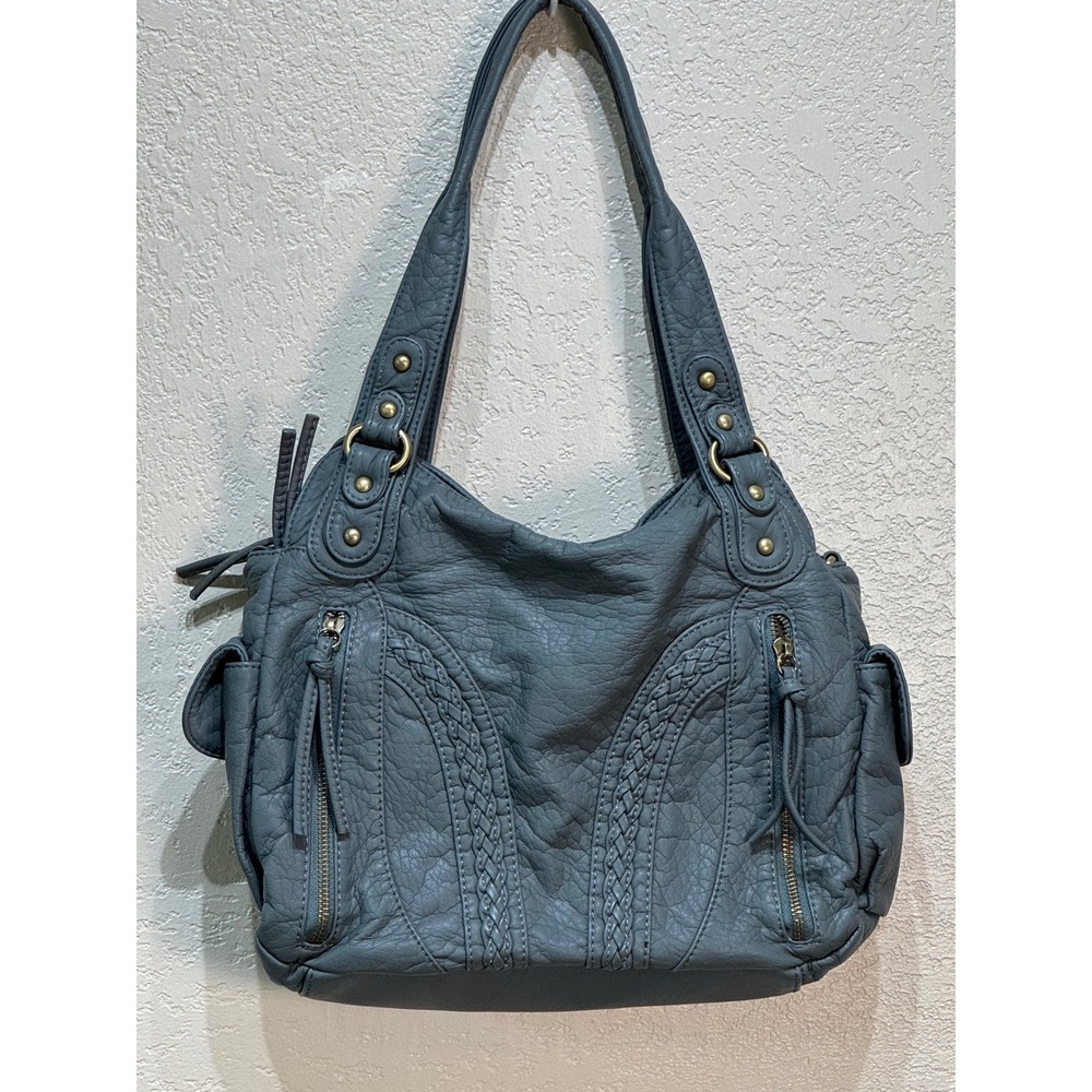 Montana West Blue Vegan Soft Leather Braided Hobo Many Pockets Conceal Bag NWT